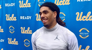 UCLA linebacker Donavyn Pellot talks with reporters after practice on Nov. 5, 2025.