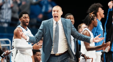 Kentucky Wildcats head coach Mark Pope questions a call of blocking on the Cats while they take on Nicholls in the first half at Rupp Arena in Lexington, Kentucky Nov. 4, 2025. © Matt Stone/Courier Journal / USA TODAY NETWORK via Imagn Images