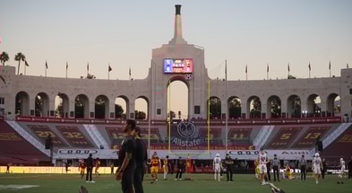 The Los Angeles Memorial Coliseum before a game between the USC Trojans and Northwestern Wildcats