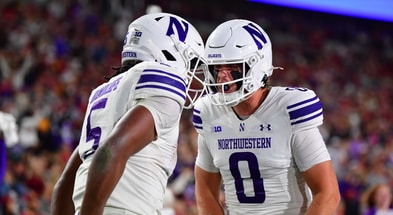 Running back Caleb Komolafe and quarterback Preston Stone are two key players on the Northwestern offense. (Photo by Gary A. Vasquez-Imagn Images)