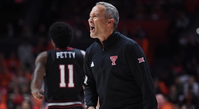 Nov 11, 2025; Champaign, Illinois, USA; Texas Tech Red Raiders head coach Grant McCasland reacts during the first half against the Illinois Fighting Illini at State Farm Center.