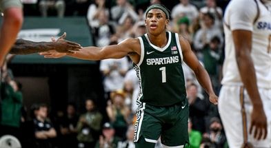 Michigan State's Jeremy Fears Jr. celebrates after his 3-pointer against San Jose State during the second half on Thursday, Nov. 13, 2025, at the Breslin Center in East Lansing. - Nick King, USA TODAY Sports