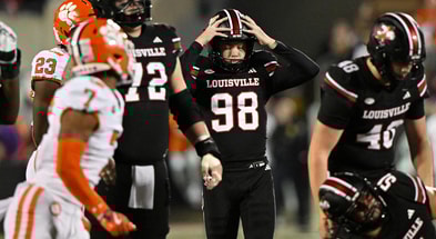 Nov 14, 2025; Louisville, Kentucky, USA; Louisville Cardinals kicker Nick Keller (98) reacts after missing a field goal attempt during the second half against the Clemson Tigers at L&N Federal Credit Union Stadium. Clemson defeated Louisville 20-19. Mandatory Credit: Jamie Rhodes-Imagn Images