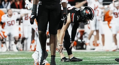 Louisville Cardinals kicker Cooper Ranvier (36) reacts after missing a three-point field goal attempt that could have given the Cards the lead late in the fourth quarter as Clemson edged Louisville 20-19 at L&N Stadium Friday, Nov. 14, 2025. The Cards are now 7-3.