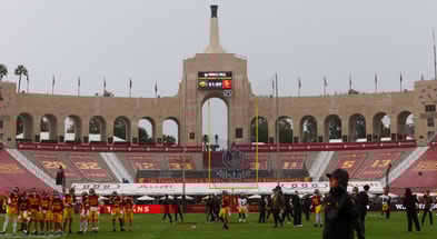 The Los Angeles Memorial Coliseum before a game between the USC Trojans and Iowa Hawkeyes