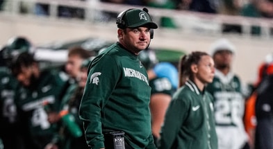 Michigan State head coach Jonathan Smith watches a play against Michigan during the second half at Spartan Stadium in East Lansing on Saturday, October 25, 2025. - Junfu Han, USA TODAY Sports