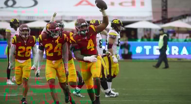 USC Trojans defensive tackle Jahkeem Stewart celebrates after an interception against the Iowa Hawkeyes