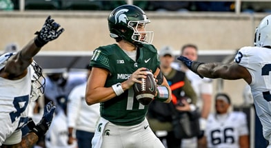 Michigan State's Alessio Milivojevic looks to throw against Penn State during the second quarter on Saturday, Nov. 15, 2025, at Spartan Stadium in East Lansing. - Nick King, USA TODAY Sports