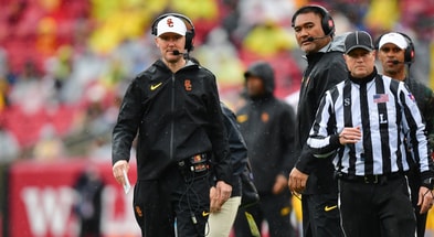 USC Trojans head coach Lincoln Riley watches game action against the Iowa Hawkeyes during the first half at the Los Angeles Memorial Coliseum