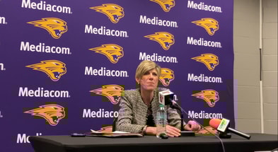 Jan Jensen discusses the win over the Panthers in Cedar Falls. (Photo by Kyle Huesmann)