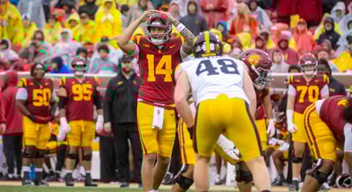 USC Trojans quarterback Jayden Maiava signals to his receivers before a play against the Iowa Hawkeyes