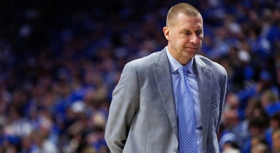 Nov 14, 2025; Lexington, Kentucky, USA; Kentucky Wildcats head coach Mark Pope walks down the sideline during the second half against the Eastern Illinois Panthers at Rupp Arena at Central Bank Center. Mandatory Credit: Jordan Prather-Imagn Images