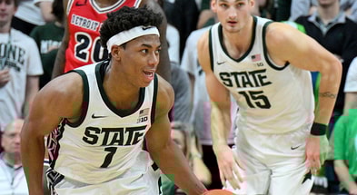 Michigan State Spartans guard Jeremy Fears Jr. (1) put up a double-double against the Detroit Mercy Titans at Jack Breslin Student Events Center. - Dale Young, USA TODAY Sports