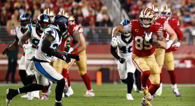 George Kittle and the 49ers defeated Carolina on Monday night. (Photo by Kelley L Cox-Imagn Images)