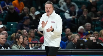 Nov 26, 2025; Las Vegas, NV, USA; Kansas Jayhawks head coach Bill Self reacts in the second half against the Tennessee Volunteers in the 2025 Players Era Festival third place game at MGM Grand Garden Arena. Mandatory Credit: Kirby Lee-Imagn Images