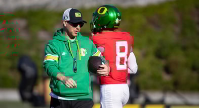Oregon inside linebackers coach Will Stein leads practice as the Oregon Ducks hit the practice field ahead of Michigan State Tuesday, Oct. 1, 2024 at the Hatfield-Dowlin Complex in Eugene, Ore. © Ben Lonergan/The Register-Guard / USA TODAY NETWORK via Imagn Images