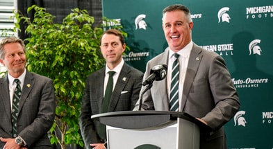 Michigan State's new football coach Pat Fitzgerald talks during his introductory press conference on Tuesday, Dec. 2, 2025, at the Tom Izzo Football Building in East Lansing. - Nick King, USA TODAY Sports
