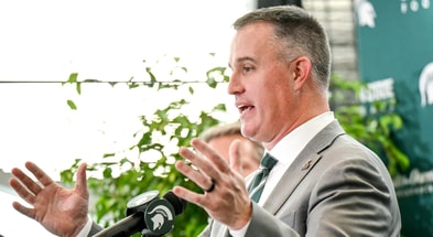 Michigan State's new football coach Pat Fitzgerald speaks during his introductory press conference on Tuesday, Dec. 2, 2025, at the Tom Izzo Football Building in East Lansing. - Nick King, USA TODAY Sports