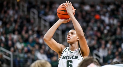 Michigan State's Jordan Scott shoots a free throw against Iowa during the first half on Tuesday, Dec. 2, 2025, at the Breslin Center in East Lansing. - Nick King, USA TODAY Sports
