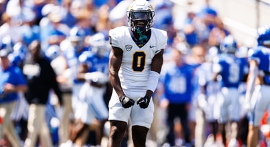 Aug 30, 2025; Lexington, Kentucky, USA; Toledo Rockets defensive back Nasir Bowers (0) reacts after Toledo recovers a Kentucky Wildcats fumble during the second quarter at Kroger Field. Mandatory Credit: Jordan Prather-Imagn Images