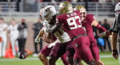 Florida State DL Mandrell Desir causes a fumble (Bob Myers for Warchant)