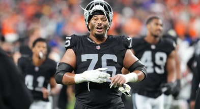 Dec 7, 2025; Paradise, Nevada, USA; Las Vegas Raiders guard Caleb Rogers (76) leaves the field following a game against the Denver Broncos at Allegiant Stadium.