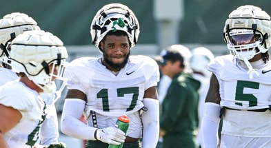 Michigan State linebackers Semaj Bridgeman, left, and Jordan Hall look on during football practice on Monday, Aug. 11, 2025, in East Lansing. - Nick King, USA TODAY Sports
