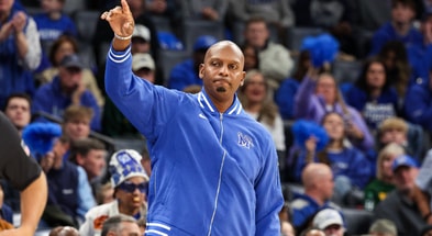 Dec 6, 2025; Memphis, Tennessee, USA; Memphis Tigers Head Coach Penny Hardaway reacts against the Baylor Bears during the second half at FedExForum. Mandatory Credit: Wesley Hale-Imagn Images