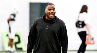 Michigan State assistant head coach Keith Bhonapha calls out to players during football practice on Tuesday, April 8, 2025, in East Lansing. - Nick King, USA TODAY Sports