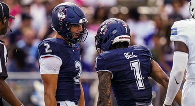 UConn Football quarterback Joe Fagnano and wide receiver Skyler Bell