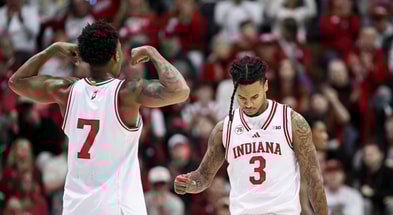 Dec 9, 2025; Bloomington, Indiana, USA; Indiana Hoosiers forward Nick Dorn (7) and guard Lamar Wilkerson (3) celebrate after a play during the second half against the Penn State Nittany Lions at Simon Skjodt Assembly Hall. Mandatory Credit: Robert Goddin-Imagn Images