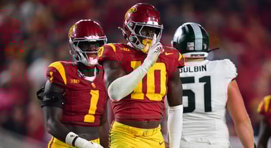 USC Trojans defensive end Braylan Shelby (10) reacts after sacking Michigan State Spartans quarterback Aidan Chiles (2) during the second half at the Los Angeles Memorial Coliseum