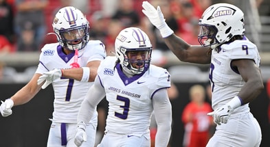 The James Madison defense celebrates against Louisville, via Jamie Rhodes-Imagn Images