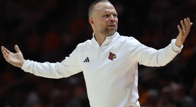 Dec 16, 2025; Knoxville, Tennessee, USA; Louisville Cardinals head coach Pat Kelsey during the first half against the Tennessee Volunteers at Thompson-Boling Arena at Food City Center. Mandatory Credit: Randy Sartin-Imagn Images