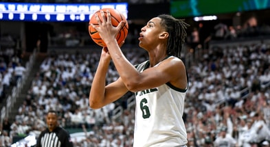 Michigan State's Jordan Scott makes a 3-pointer against Duke during the second half on Saturday, Dec. 6, 2025, at the Breslin Center in East Lansing. - Nick King, USA TODAY Sports