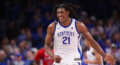 Dec 20, 2025; Atlanta, Georgia, USA; Kentucky Wildcats forward Jayden Quaintance (21) shows emotion against the St. John Red Storm in the second half at State Farm Arena. Mandatory Credit: Brett Davis-Imagn Images