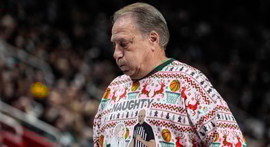 Michigan State head coach Tom Izzo reacts to a play against Oakland during the first half at Little Caesars Arena in Detroit on Saturday, Dec. 20, 2025. - Junfu Han, USA TODAY Sports