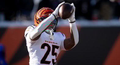 Cincinnati Bengals running back Tahj Brooks (25) catches a pass before the NFL football game between Baltimore Ravens and Cincinnati Bengals at Paycor Stadium in Cincinnati on Dec. 14, 2025.
