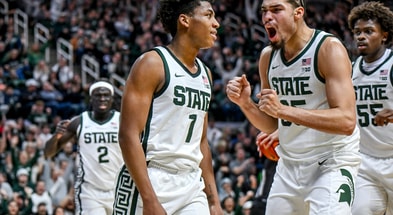 Michigan State's Jeremy Fears Jr., left, and Jesse McCulloch, right, celebrate after Fears made a shot to end the first half against Cornell on Monday, Dec. 29, 2025, at the Breslin Center. - Nick King, USA TODAY Sports