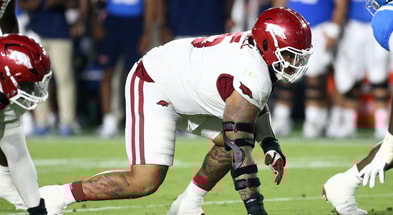 Sep 13, 2025; Oxford, Mississippi, USA; Arkansas Razorback defensive lineman Ian Geffrard (95) waits for the snap during the third quarter during the third quarter at Vaught-Hemingway Stadium. Mandatory Credit: Petre Thomas-Imagn Images