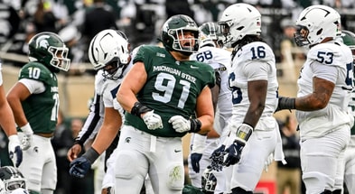 Michigan State's Alex VanSumeren celebrates after a stop against Penn State during the first quarter on Saturday, Nov. 15, 2025, at Spartan Stadium in East Lansing. - Nick King, USA TODAY Sports
