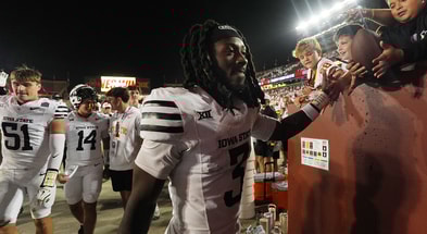 Iowa State Cyclones' defensive back Jontez Williams (3) celebrates with fans after winning over Arizona in the Big-12 conference showdown on Sept. 27, 2025, at Jack Trice Stadium in Ames, Iowa