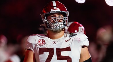 Dec 19, 2025; Norman, OK, USA; Alabama Crimson Tide offensive lineman Wilkin Formby (75) against the Oklahoma Sooners during the CFP National Playoff First Round at Gaylord Family Oklahoma Memorial Stadium. Mandatory Credit: Mark J. Rebilas-Imagn Images