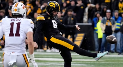 Michigan State and former Iowa Hawkeyes punter Rhys Dakin (9) punts the ball during a football game against the Minnesota Golden Gophers Oct. 25, 2025 at Kinnick Stadium in Iowa City, Iowa. - Julia Hansen, USA TODAY Sports