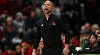 Jan 2, 2025; Stanford, California, USA; Louisville Cardinals head coach Pat Kelsey reacts during the first half against Stanford Cardinal at Maples Pavilion. Mandatory Credit: Justine Willard-Imagn Images