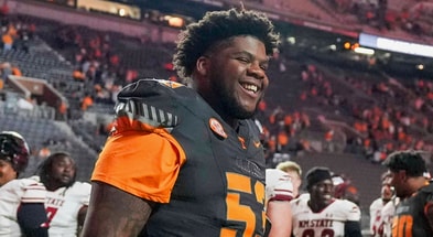 Tennessee offensive lineman Lance Heard (53) and Tennessee defensive lineman Mariyon Dye (9) smile after winning a NCAA football game between Tennessee Volunteers and New Mexico State Aggies at Neyland Stadium in Knoxville, Tenn., on Nov. 15, 2025.