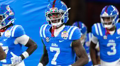 Jan 8, 2026; Glendale, AZ, USA; Mississippi Rebels safety TJ Banks (7) against the Miami Hurricanes during the 2026 Fiesta Bowl and semifinal game of the College Football Playoff at State Farm Stadium. Mandatory Credit: Mark J. Rebilas-Imagn Images