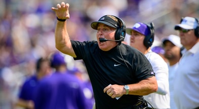 TCU Horned Frogs head coach Gary Patterson yells to his team during the first half against the California Golden Bears of the game at Amon G. Carter Stadium