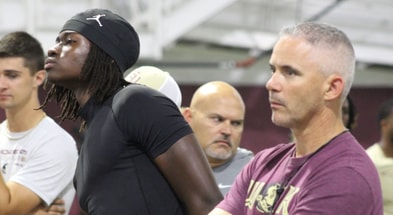 Jayce Johnson and Mike Norvell at Camp in Summer 2025 (Matt LaSerre_Warchant)