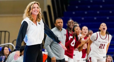 Oklahoma Sooners head coach Jennie Baranczyk reacts to a play during the second quarter of the GEICO Coconut Hoops Tournament Great Egret Division game against the Coppin State Eagles at Alico Arena on Fort Myers, Fla., on Friday, Nov. 28, 2025.